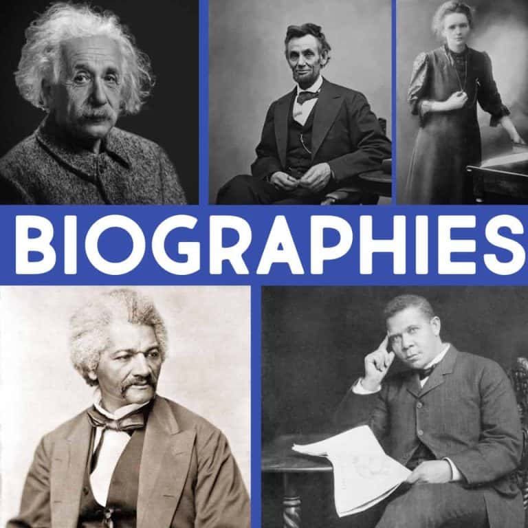 A collage of five historical figures with the word BIOGRAPHIES in bold blue letters across the center; perfect for biographies for kids or Biographies for Elementary Students, all photos are in black and white.