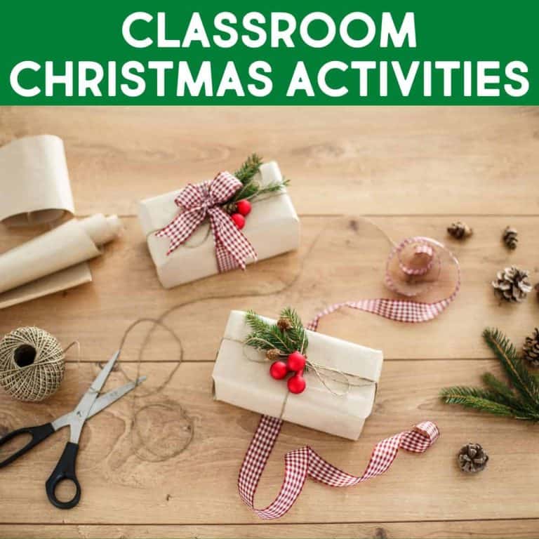 Two Christmas gifts wrapped in brown paper with red-and-white ribbons and evergreen sprigs sit on a wooden table surrounded by wrapping supplies. Perfect for inspiring Christmas activities in the classroom, with “Classroom Christmas Activities” at the top.