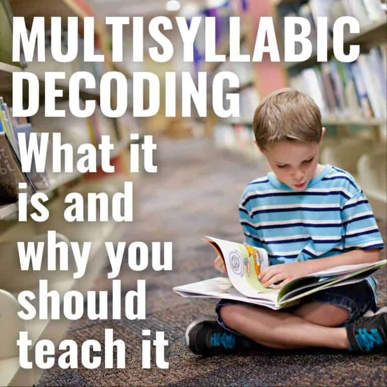 A young boy sits cross-legged on a library floor reading a book. Large text over the image reads: Multisyllabic Decoding Strategies—what they are and why you should teach them. Shelves of books are visible in the background.