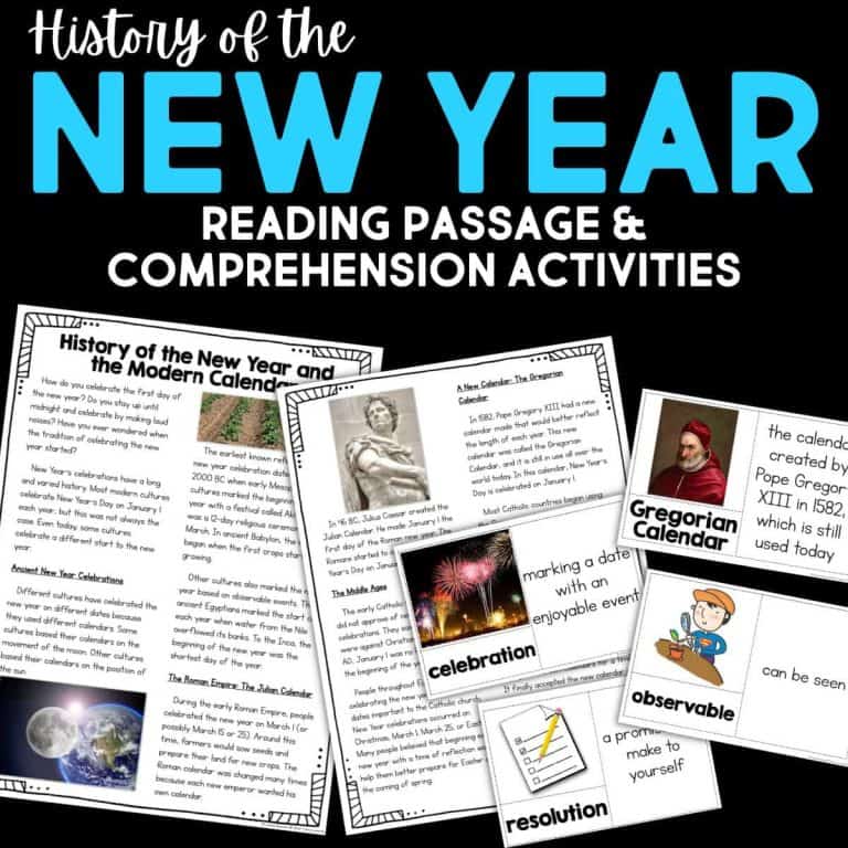 A graphic titled History of the New Year: Reading Passage & Comprehension Activities features a New Year Reading Passage, new year reading comprehension worksheets, details on the Gregorian calendar, Pope Gregory XIII's portrait, and vocabulary cards.