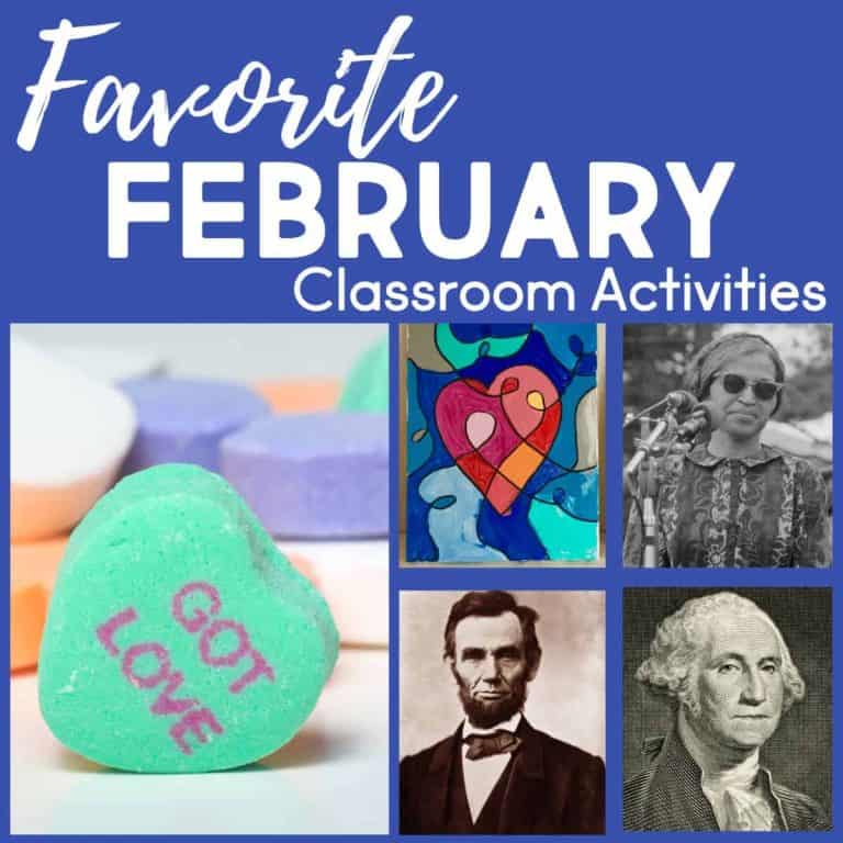 Collage with text Favorite February Classroom Activities, heart-shaped candy reading GOT LOVE, colorful heart art, a woman with sunglasses, and black-and-white portraits of Abraham Lincoln and George Washington—perfect for February activities for school.