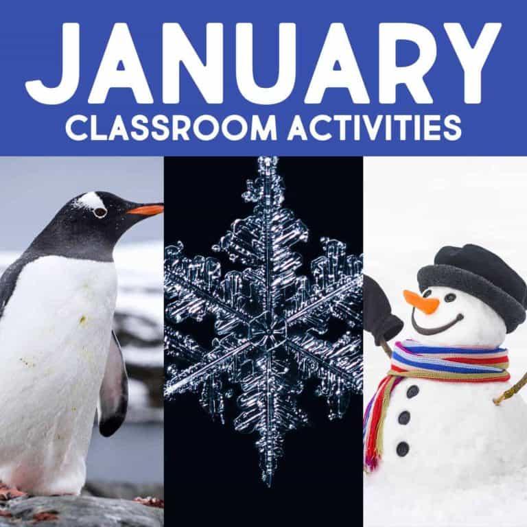 Three images below the words January Classroom Activities: a penguin on snow, a close-up of an ice crystal snowflake, and a smiling snowman wearing a colorful scarf and black hat—perfect inspiration for January activities for school.