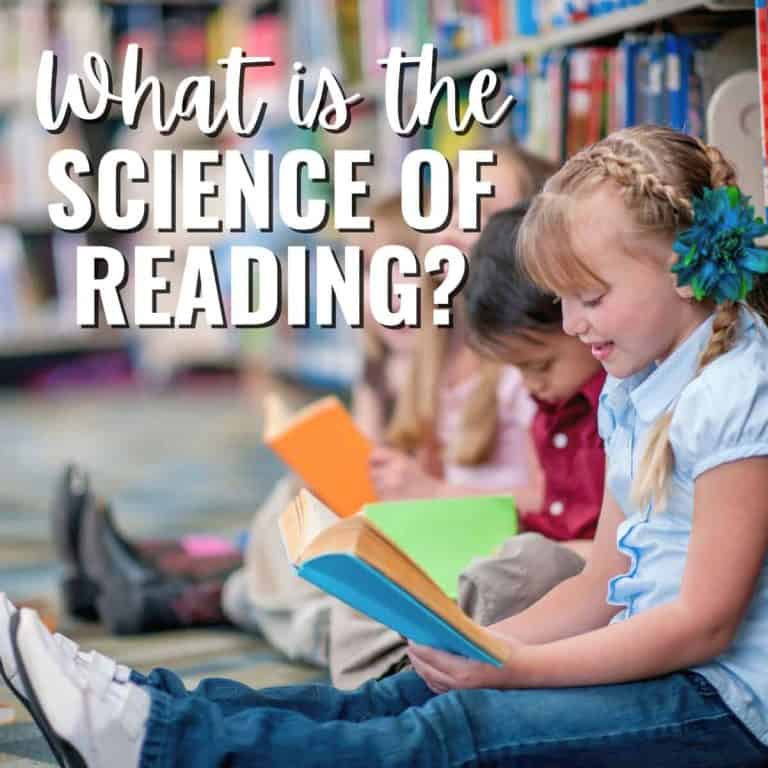 Three children sit on the floor by bookshelves, reading books. Large text asks, What is the science of reading? One girl in the foreground smiles while reading, inviting viewers to explore the science of reading definition.