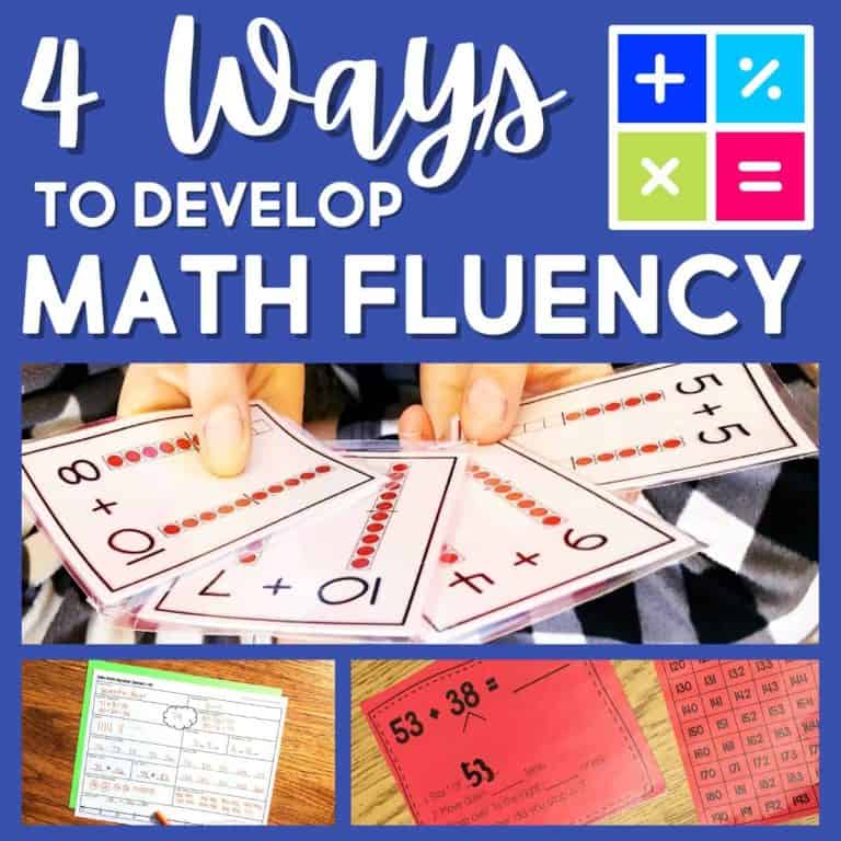 Image with text: “4 Ways to Develop Math Fluency” and a math symbol graphic. Below are images of hands holding math flashcards, worksheets, and engaging math fluency games and strategies for building strong math fact fluency skills.