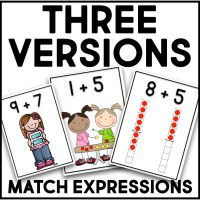 The Addition Go Fish Game shows three math expressions: 9+7 with a girl holding books, 1+5 with two girls using counting blocks, and 8+5 with red counters in ten frames. Text reads: Three Versions Match Expressions.
