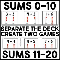 The Addition Go Fish Game includes cards featuring addition problems with dot visuals, like 3+3 and 9+4. Text on the cards reads: SUMS 0-10, SEPARATE THE DECK CREATE TWO GAMES, and SUMS 11-20.
