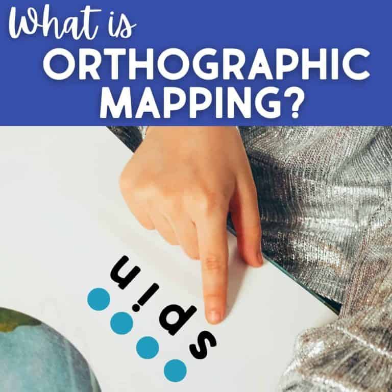 A child’s hand points to the letter “s” in the word “spin,” each letter underlined by a blue dot. The text above reads, “What is Orthographic Mapping?”—introducing the concept of orthographic mapping on a blue background.