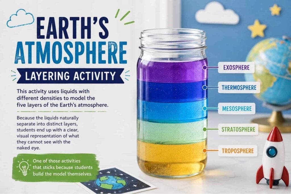 Earth's Atmosphere Activities for Upper Elementary Students 6 The Earth's Atmosphere Layers features a jar with five colored liquid layers—exosphere (purple), thermosphere (blue), mesosphere (teal), stratosphere (green), and troposphere (yellow)—plus a toy rocket and Earth illustration, ideal for atmosphere activities.