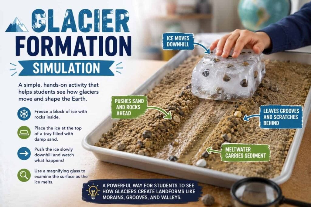 Earth's Hydrosphere Activities for Upper Elementary Students 16 Glacier Formation lets kids push a large ice block with embedded rocks over damp sand, simulating glacier movement and erosion. Includes labeled notes explaining each process for an engaging hydrosphere activity.