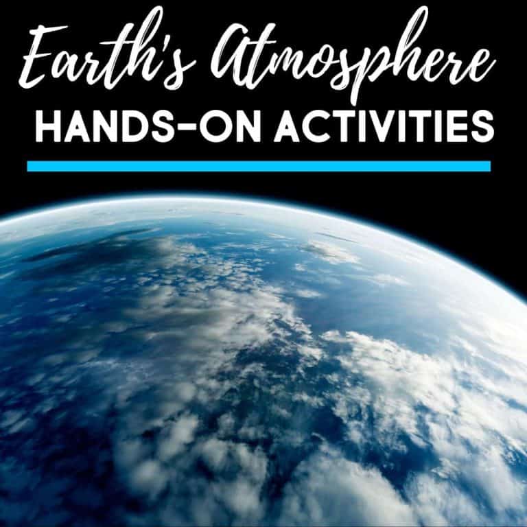 View of Earth's atmosphere layers from space, with clouds over the planet and text at the top reading Earth’s Atmosphere Hands-On Activities in white and blue letters.