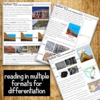 The Changing Earth 5E NGSS Science Unit Plan includes worksheets with landscape, rock, and diagram images plus captions. Overlay text highlights "reading in multiple formats for differentiation.