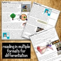 The Information Processing 5E NGSS Science Unit Plan includes three illustrated worksheets on vision, touch, and hearing with diagrams and photos. Text at the bottom highlights reading in multiple formats for differentiation.