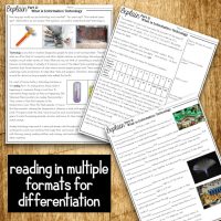 Three educational worksheets from the Light Energy 5E NGSS Science Unit Plan are spread on a wooden surface. A caption below reads, reading in multiple formats for differentiation, in bold white text on a black background.