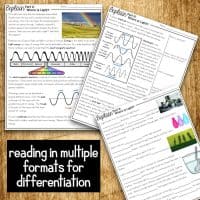 Three illustrated worksheets from the Light Energy 5E NGSS Science Unit Plan are spread out on a wooden surface with bold text overlay: reading in multiple formats for differentiation.