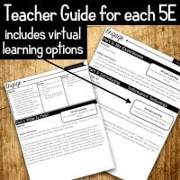 Image of two pages from the Natural Resources 5E NGSS Science Unit Plan teacher guide, featuring sections like Engage and Part 1: What Is This? with virtual learning options included at the top.