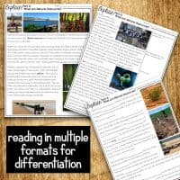 The Natural Resources 5E NGSS Science Unit Plan displays three educational worksheets with varied layouts, featuring text and images. At the bottom, bold text highlights: reading in multiple formats for differentiation.