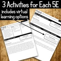 Overlay text reads, “3 Activities for Each 5E with virtual learning options.” Below are worksheets labeled Engage from the Plate Tectonics 5E NGSS Science Unit Plan, sample lesson plans, and virtual learning options shown on a wooden background.