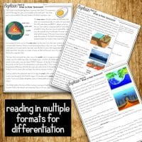 The Plate Tectonics 5E NGSS Science Unit Plan includes three worksheets titled What is Plate Tectonics?, featuring diagrams of Earth's layers, tectonic plates, and faults, plus text overlays for differentiated reading formats.
