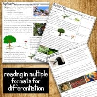 Three worksheets from the Structures and Functions 5E NGSS Science Unit are arranged on a wooden surface. A black box with white text says, "reading in multiple formats for differentiation.