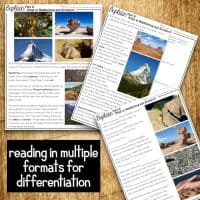 The Weathering & Erosion 5E NGSS Science Unit Plan includes three pages of educational reading with landform photos and text, plus captions highlighting the availability of multiple reading formats for differentiation.