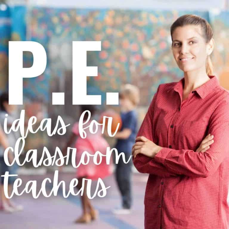 A smiling woman in a red shirt stands with arms crossed in a classroom, with blurred children in the background. Text reads: Fun P.E. games for elementary students and great P.E. ideas for classroom teachers.