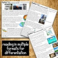 Three pages from the Natural Hazards 5E NGSS Science Unit Plan, titled Explain Part 1-3: What are Natural Hazards?, feature text, photos, and diagrams for reading in multiple formats to support differentiation.