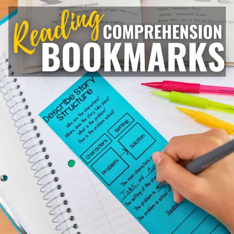 A person fills out a blue “Describe Story Structure” comprehension bookmark on a notebook, surrounded by colorful pens, with an open book and the text “Reading Comprehension Bookmarks” at the top.
