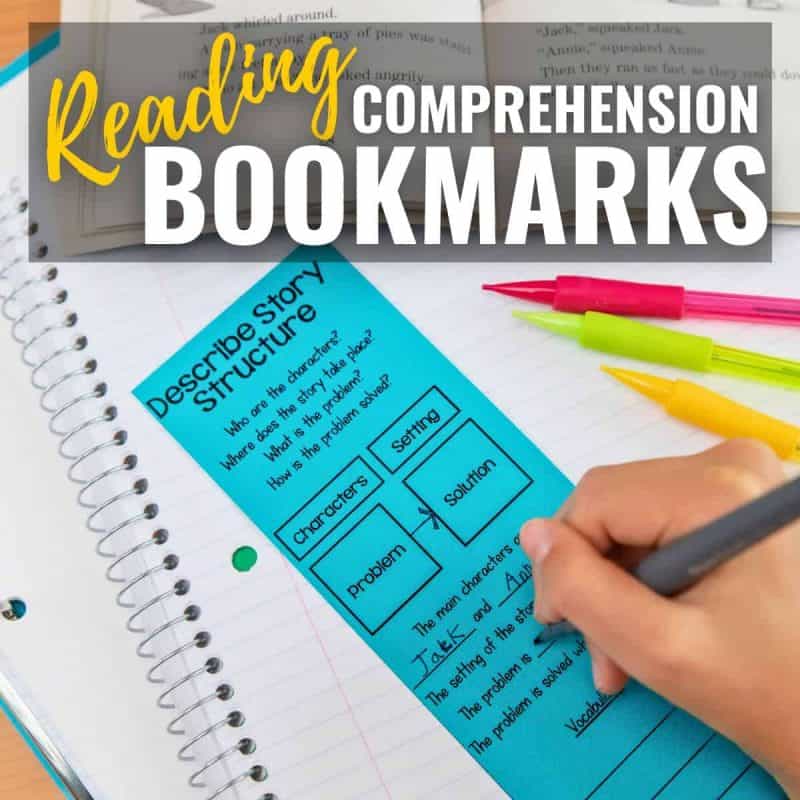 reading-comprehension-bookmarks A person fills out a blue “Describe Story Structure” comprehension bookmark on a notebook, surrounded by colorful pens, with an open book and the text “Reading Comprehension Bookmarks” at the top.