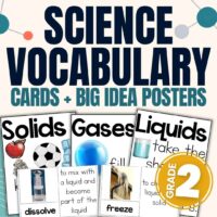 2nd grade vocabulary 1 offers science vocabulary cards and posters designed for 2nd grade, ideal for supporting NGSS standards. Featuring essential terms such as solids, gases, and liquids, each card includes a clear definition and photo, with bold blue text displayed at the top.