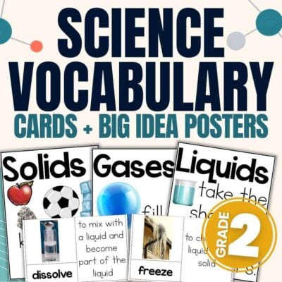 2nd grade vocabulary 1 offers science vocabulary cards and posters designed for 2nd grade, ideal for supporting NGSS standards. Featuring essential terms such as solids, gases, and liquids, each card includes a clear definition and photo, with bold blue text displayed at the top.