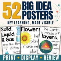 A graphic advertises 2nd Grade Vocabulary 2, featuring 52 Big Idea Posters to support key learning in 2nd grade science. Three sample posters highlight states of matter, parts of a flower, and Earth’s layers. The text reads: Print • Display • Review. Ideal for reinforcing NGSS standards or pairing with vocabulary cards.