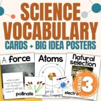 Vibrant promotional image for 3rd Grade Science Vocabulary featuring example cards and Big Idea Posters on topics like force, atoms, natural selection, pollinate, and electrons—each illustrated with engaging graphics.