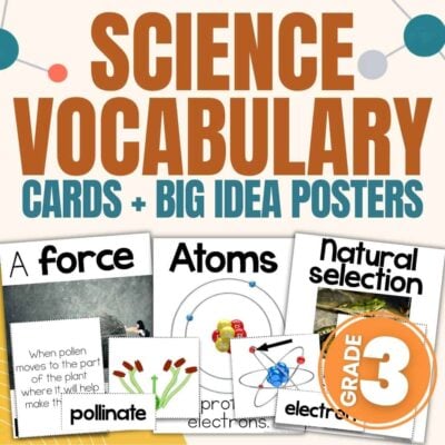 Vibrant promotional image for 3rd Grade Science Vocabulary featuring example cards and Big Idea Posters on topics like force, atoms, natural selection, pollinate, and electrons—each illustrated with engaging graphics.