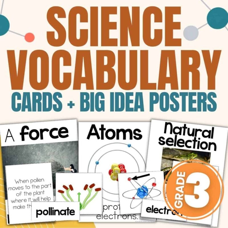 3rd grade science vocabulary Vibrant promotional image for 3rd Grade Science Vocabulary featuring example cards and Big Idea Posters on topics like force, atoms, natural selection, pollinate, and electrons—each illustrated with engaging graphics.
