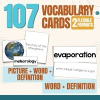 Sure! Here’s your revised sentence using the provided product data: Showcasing the COVER THUMB 2721749 Science Vocabulary Cards 3rd—107 third grade science vocabulary cards available in two formats. Examples include a meteorology card featuring planet Earth and an evaporation card with its definition. Formats offered are: picture + word + definition, or word + definition only. The design features blue, orange, and white tones.