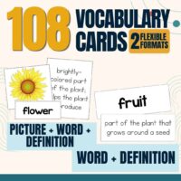 Image of COVER THUMB 3455374 Science Vocabulary Cards 2nd (1) featuring 108 cards in 2 flexible formats. Includes examples such as “flower” with a picture and definition, and “fruit” with a definition. Perfect for Grade 2 science and aligned with NGSS standards. Formats highlighted: Picture + Word + Definition and Word + Definition.