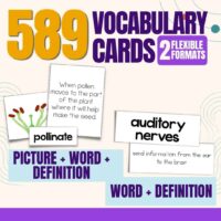 Image advertises the COVER THUMB 4390681 Science Vocabulary Cards BUNDLE, featuring 589 science vocabulary cards for various grade levels in 2 flexible formats. Examples shown include a card with a picture and the word “pollinate” with its definition, and another card highlighting “auditory nerves” and its definition. These cards also pair perfectly with big idea posters to support comprehensive classroom learning.