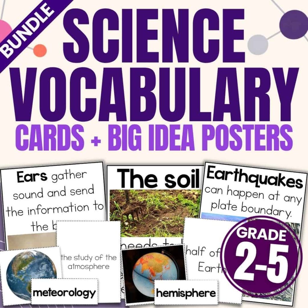 Science Vocabulary Activities for the Elementary Classroom 3 Science Vocabulary Bundle 1 cover with bold text: Science Vocabulary Cards + Big Idea Posters. This engaging grades bundle includes sample cards for meteorology and hemisphere, a Grades 2-5 label, and eye-catching images featuring soil, earth, and sound-themed graphics. Perfect for reinforcing key science vocabulary with vibrant big idea posters!.