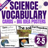 Science Vocabulary Bundle 1 cover with bold text: Science Vocabulary Cards + Big Idea Posters. This engaging grades bundle includes sample cards for meteorology and hemisphere, a Grades 2-5 label, and eye-catching images featuring soil, earth, and sound-themed graphics. Perfect for reinforcing key science vocabulary with vibrant big idea posters!.
