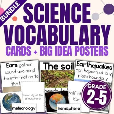 Science Vocabulary Bundle 1 cover with bold text: Science Vocabulary Cards + Big Idea Posters. This engaging grades bundle includes sample cards for meteorology and hemisphere, a Grades 2-5 label, and eye-catching images featuring soil, earth, and sound-themed graphics. Perfect for reinforcing key science vocabulary with vibrant big idea posters!.