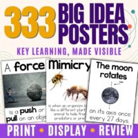Three educational posters—one showing a person pushing a boulder, another featuring a bee with text about mimicry, and a third illustrating the moon’s rotation—make up part of the Science Vocabulary Bundle 2. Titled “333 Big Idea Posters: Key Learning, Made Visible,” these engaging resources are perfect for your grades bundle. The posters support science vocabulary cards and help reinforce essential concepts in an eye-catching, student-friendly format.