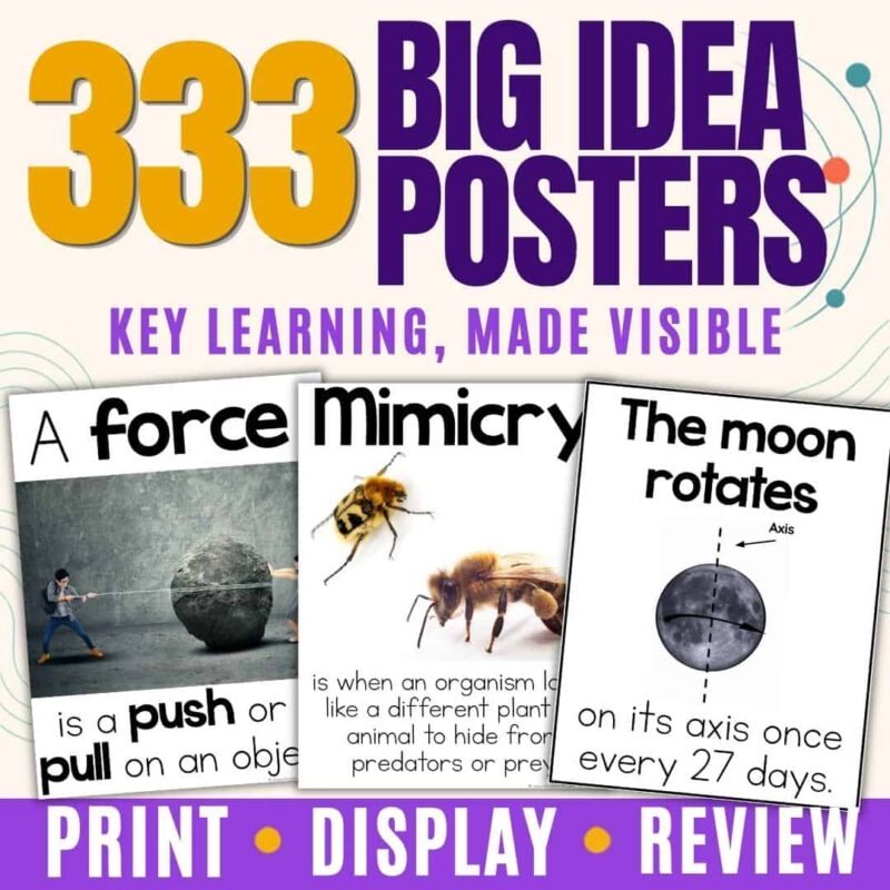 Science Vocabulary Bundle 2 Three educational posters—one showing a person pushing a boulder, another featuring a bee with text about mimicry, and a third illustrating the moon’s rotation—make up part of the Science Vocabulary Bundle 2. Titled “333 Big Idea Posters: Key Learning, Made Visible,” these engaging resources are perfect for your grades bundle. The posters support science vocabulary cards and help reinforce essential concepts in an eye-catching, student-friendly format.