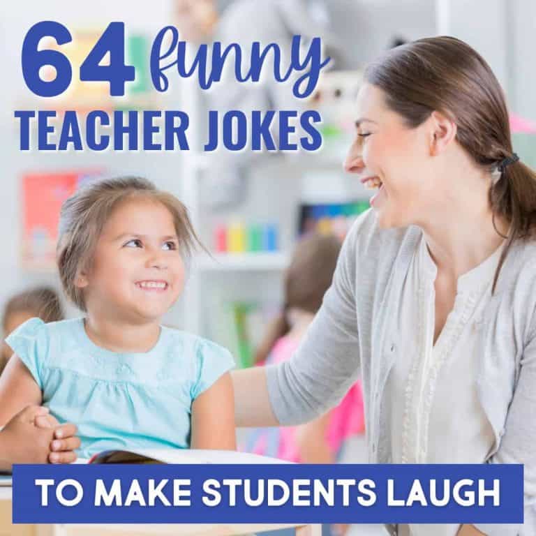 A smiling teacher sits with a young girl in a classroom. Text reads: 64 hilarious teacher jokes to make students laugh. Perfect collection of jokes for teachers who want to add some extra fun to their lessons!.