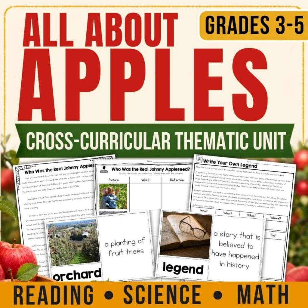 Apple Lesson Plans for Third Grade and Above - Thematic Apple Ideas for Upper Elementary 2 Apples Lessons for grades 3-5 (1) is an educational resource cover designed for grades 3-5, featuring engaging lesson plans and worksheets about apples, legends, orchards, and cross-curricular activities in reading, science, and math—all complemented by vibrant apple-themed images.