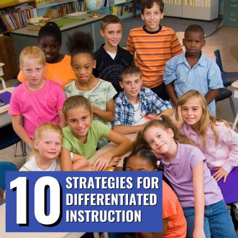 A diverse group of smiling elementary students sit together at desks in a classroom. Text overlay reads: “10 Differentiated Instruction Strategies.”.