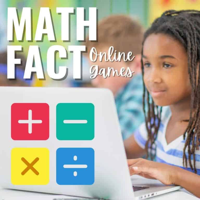 A young student uses a laptop, with colorful math symbols and the words Math Fact Computation Games displayed on the image. The background shows a classroom setting.