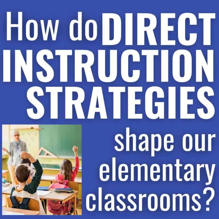 Text reads: “How do DIRECT INSTRUCTION STRATEGIES shape our elementary classrooms?” Below the text, a photo shows young students raising their hands as the teacher uses direct instruction in teaching near the chalkboard.