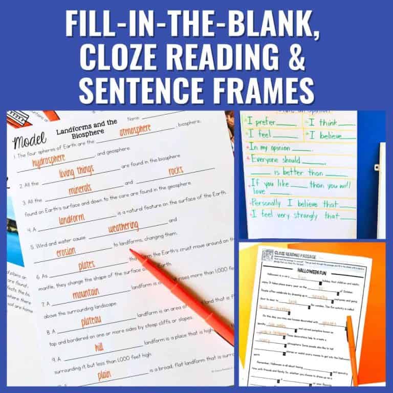 A collage shows worksheets for fill-in-the-blank, cloze reading, and sentence frames activities. The science vocabulary and writing prompts help students practice cloze reading skills. A red pencil appears on one sheet.