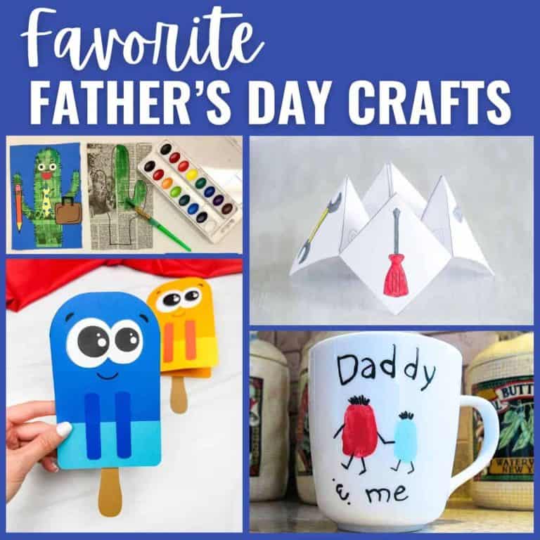 A collage of Handmade Crafts for Father's Day: a painted cactus card, a watercolor set, a folded paper fortune teller, two paper popsicle crafts with faces, and a white mug with childlike drawings labeled “Daddy & me.”.
