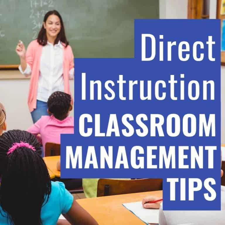 A teacher stands at the front of a classroom, smiling at seated students, with the text Direct Instruction Classroom Management Tips in bold letters over the image, offering effective classroom management ideas for whole group classroom management.